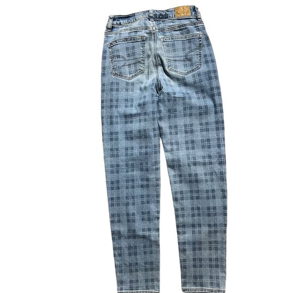 American Eagle Jeans Women Size 00R Blue Medium Wash Plaid Print Stretch 90s Y2K - Picture 15 of 16